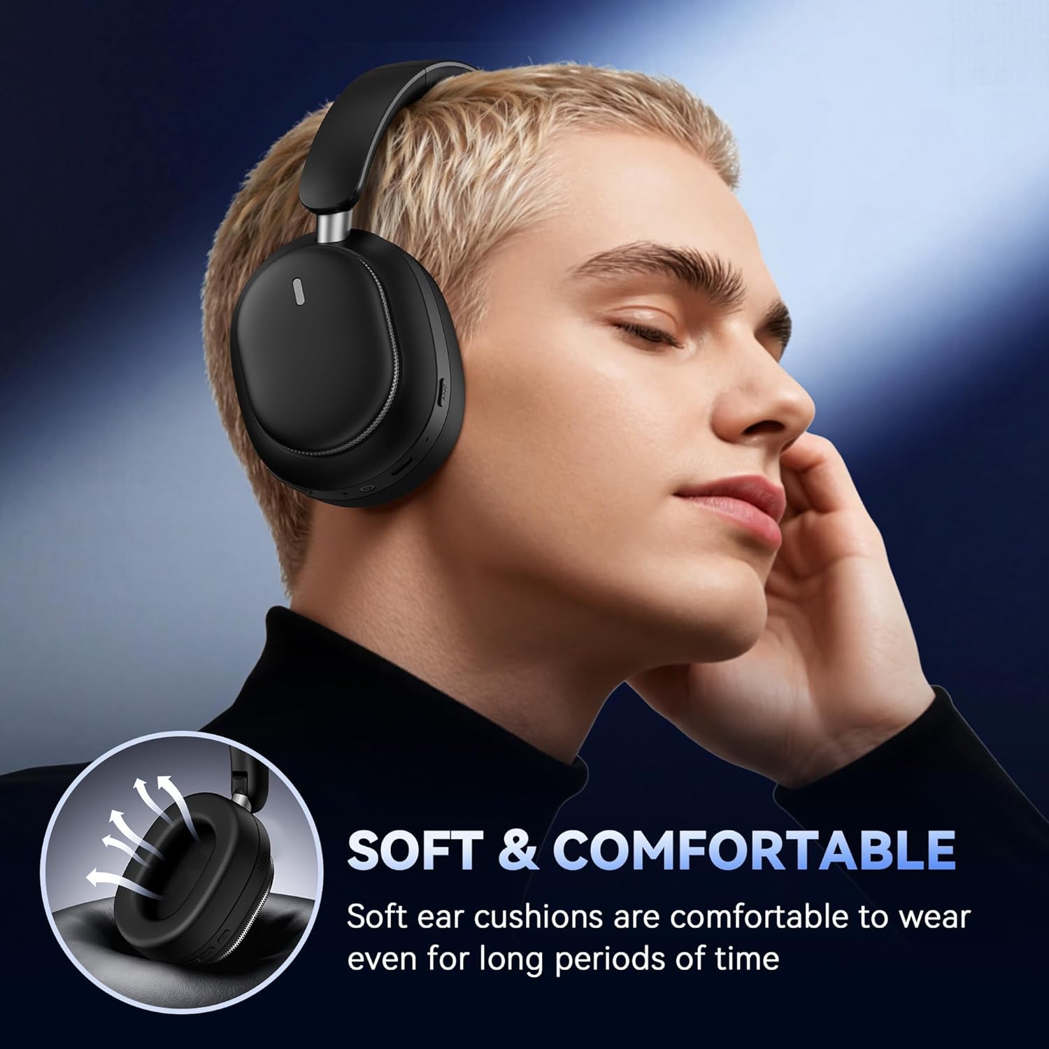 Hybrid Active Noise Cancelling Bluetooth Headphones,Bluetooth 6.0 Over Ear Wireless Headphones with 60H Playtime, Hi-Res Audio, Deep Bass, Memory Foam Ear Cups for Home Office Travel Black - Image 3