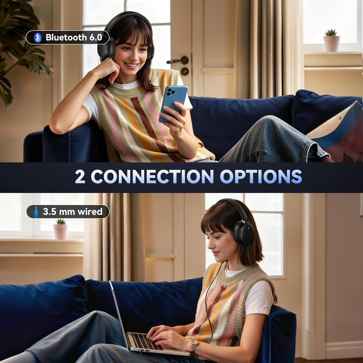 Hybrid Active Noise Cancelling Bluetooth Headphones,Bluetooth 6.0 Over Ear Wireless Headphones with 60H Playtime, Hi-Res Audio, Deep Bass, Memory Foam Ear Cups for Home Office Travel Black - Image 6