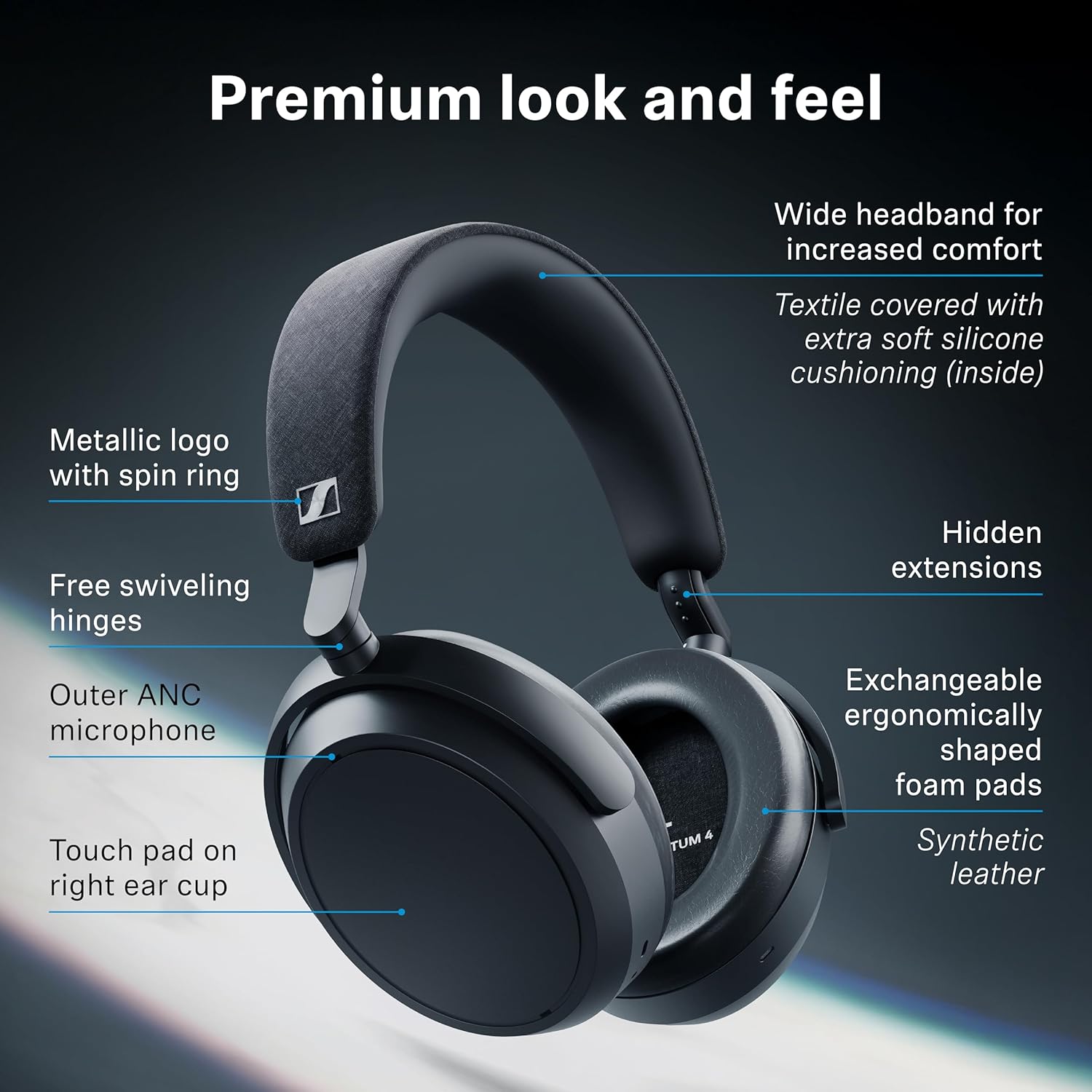 Sennheiser Momentum 4 Wireless Noise Cancelling Headphones - Bluetooth Headset for Crystal-Clear Calls with Adaptive Noise Cancellation, Over-Ear Headphones, 60h Battery Life, Folding Design, Black - Image 10
